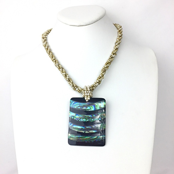 Braided Multi-Strand Seed Bead and Abalone Shell Pendant Necklace - Picture 4 of 8